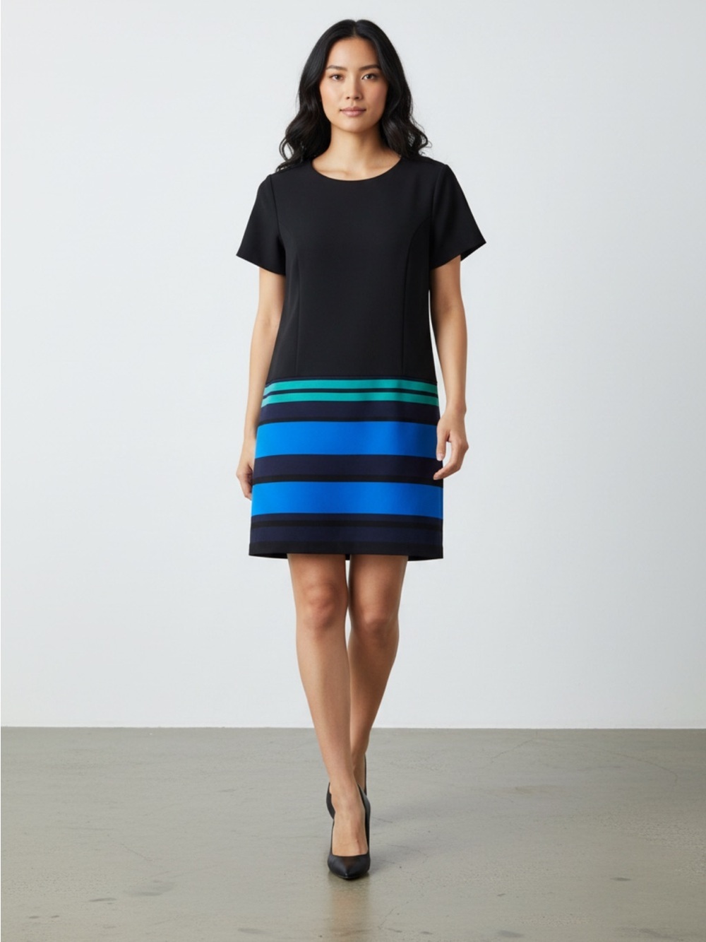 LOFT Black Dress with Blue and Teal Stripes